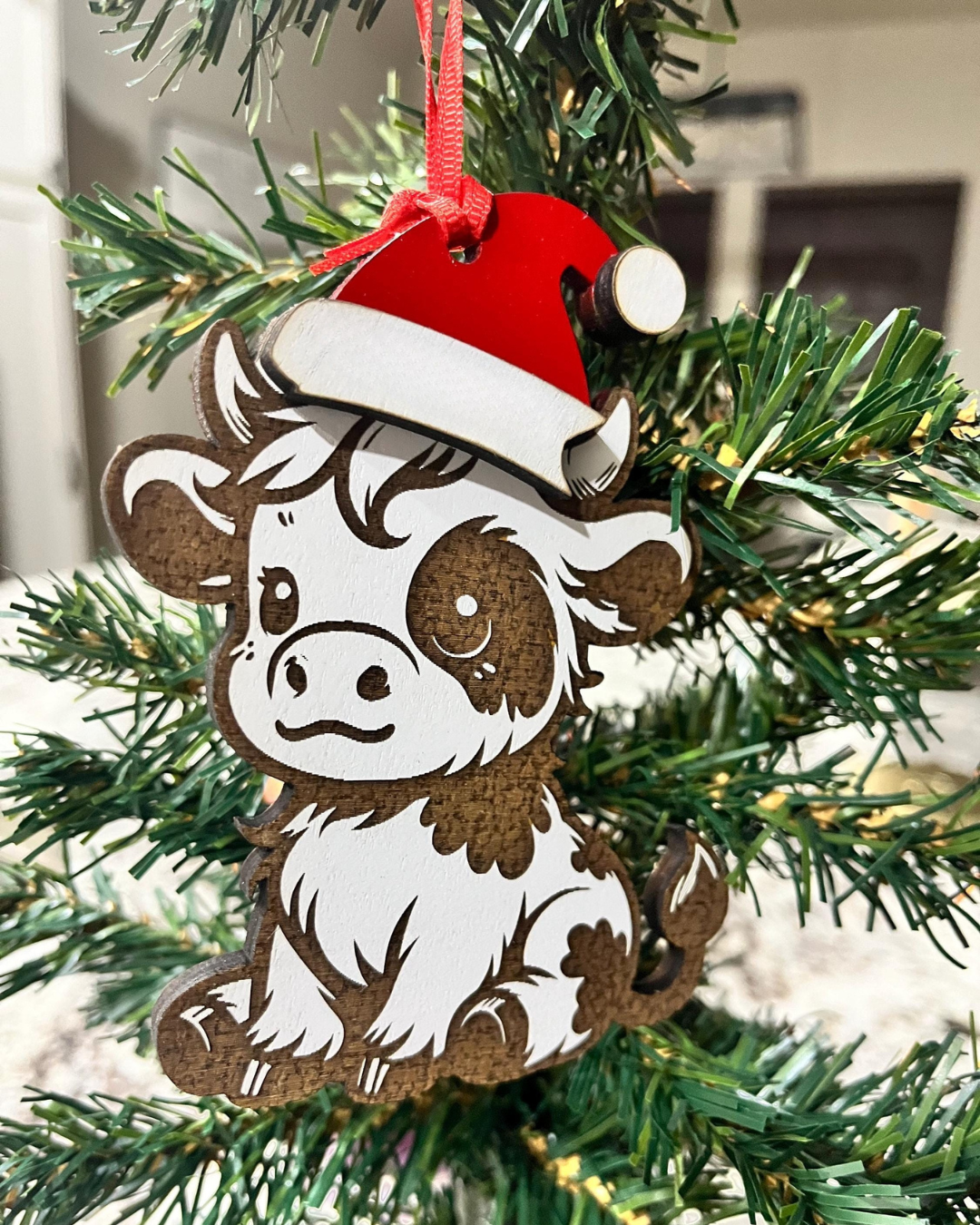 Mooey Christmas Personalized Wooden Cow Ornament with Santa Hat
