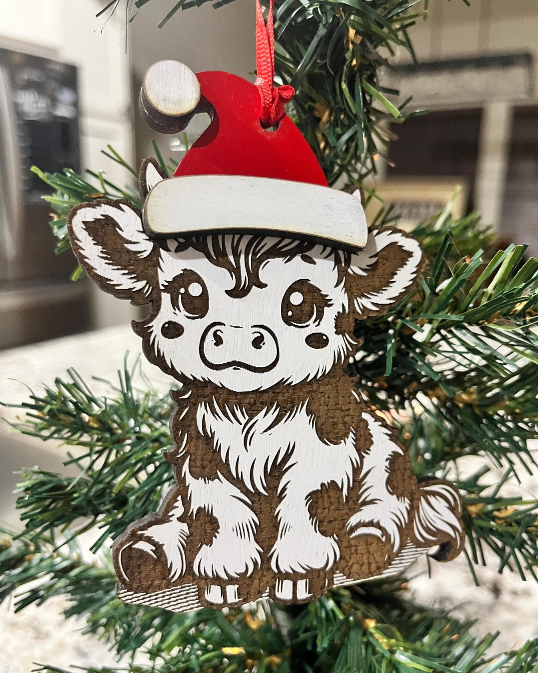 Mooey Christmas Personalized Wooden Cow Ornament with Santa Hat