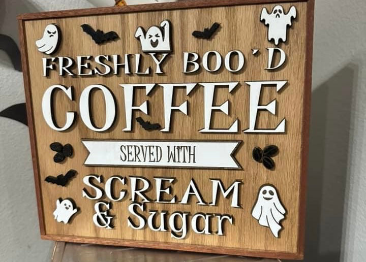 Freshly Boo'd Coffee Sign | Ghost & Bat Design | Handmade Wood Sign (10"x8.5")