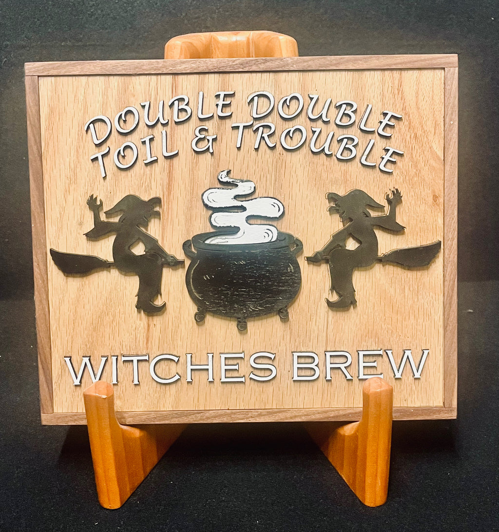 Witches Brew Coffee Sign | Double Double Toil and Trouble Witch and Cauldron Design | Handmade Wood Sign (10"x8.5") (1)