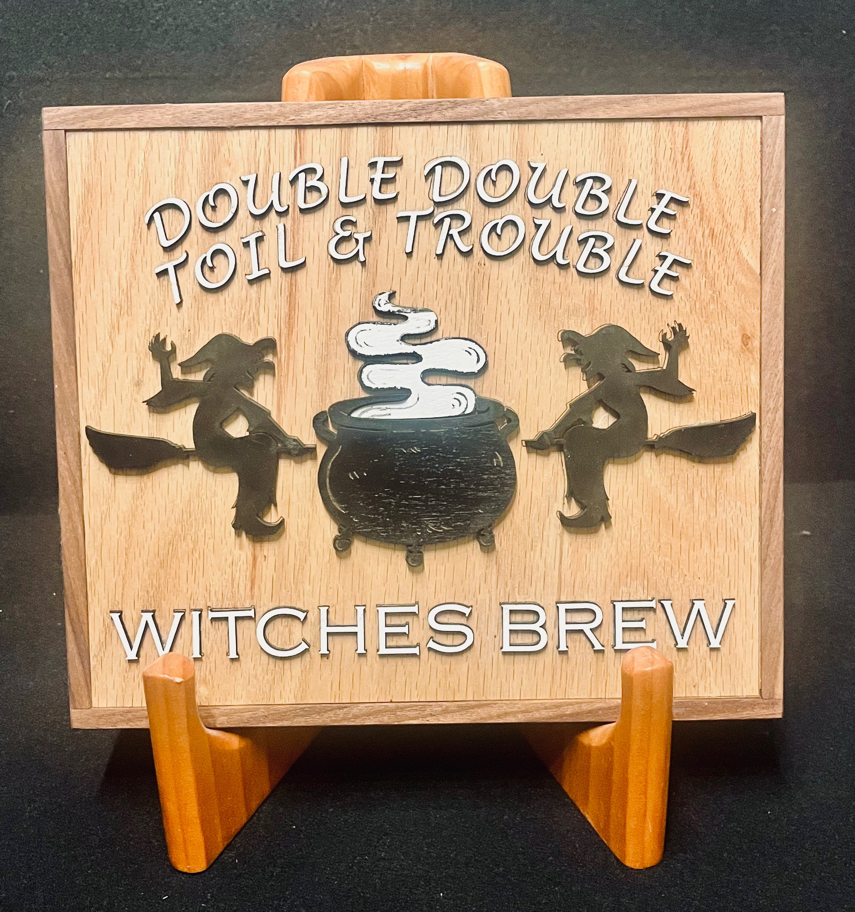 Witches Brew Coffee Sign | Double Double Toil and Trouble Witch and Cauldron Design | Handmade Wood Sign (10"x8.5") (1)
