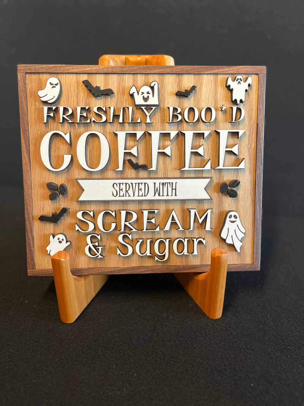 Freshly Boo'd Coffee Sign | Ghost & Bat Design | Handmade Wood Sign (10"x8.5")