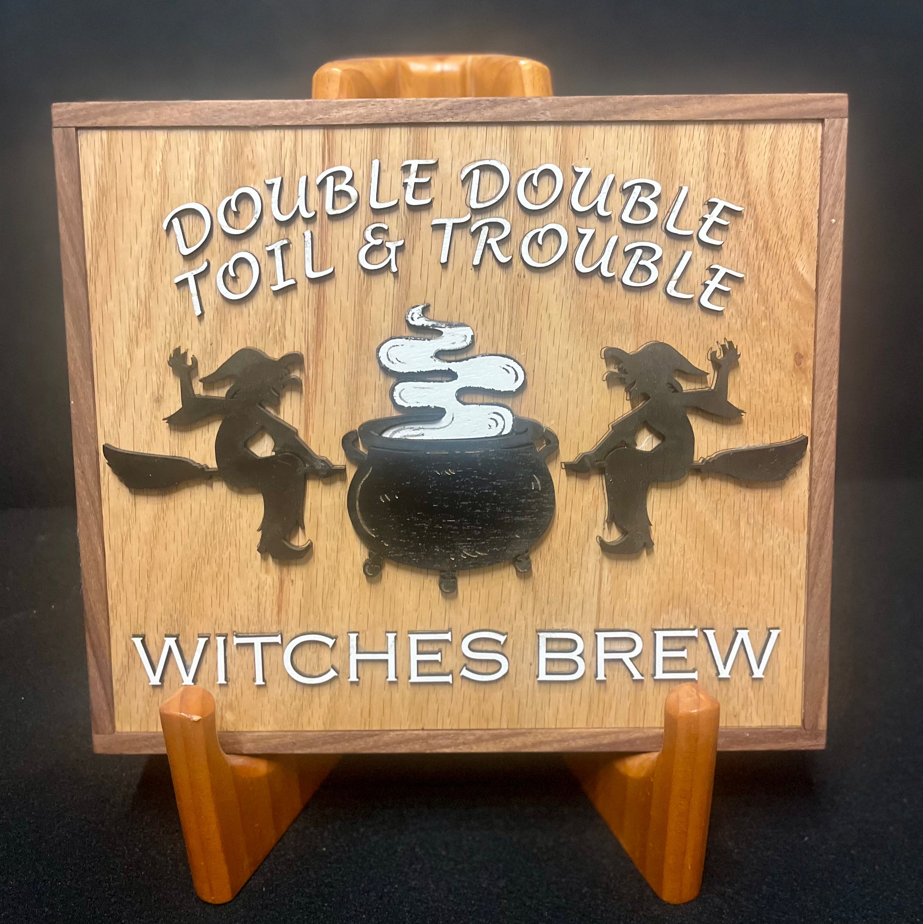 Witches Brew Coffee Sign | Double Double Toil and Trouble Witch and Cauldron Design | Handmade Wood Sign (10"x8.5") (1)