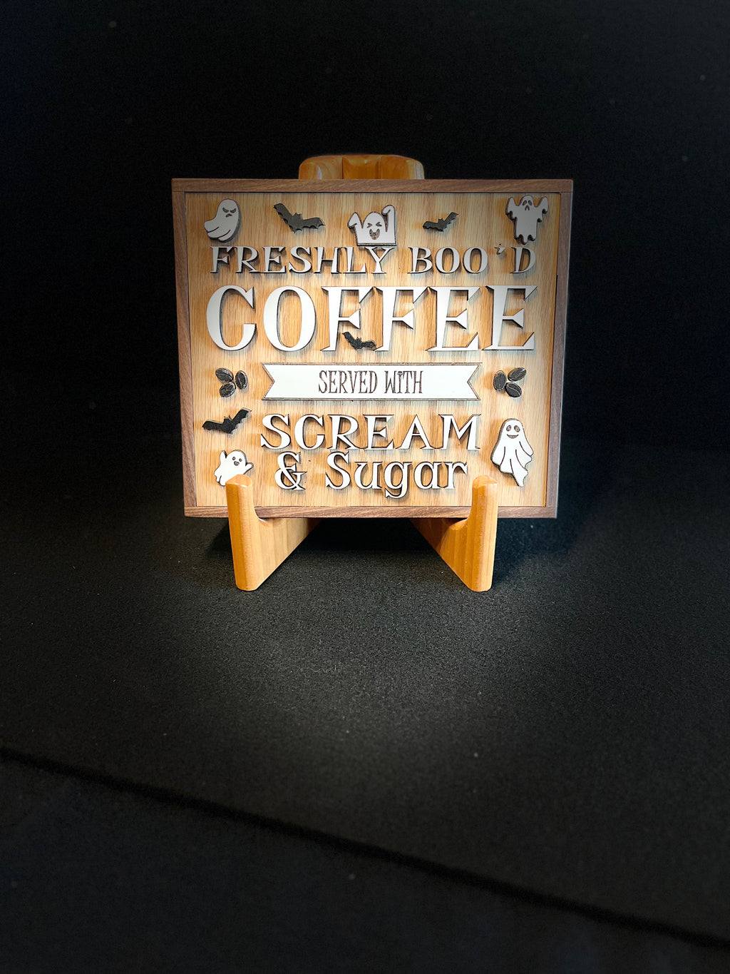 Freshly Boo'd Coffee Sign | Ghost & Bat Design | Handmade Wood Sign (10"x8.5")