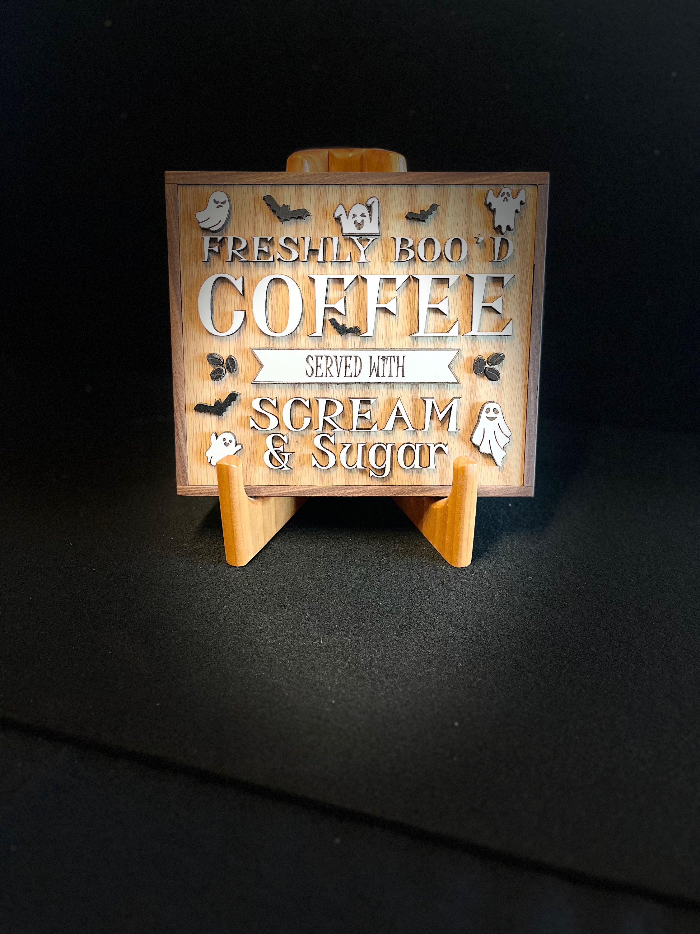 Freshly Boo'd Coffee Sign | Ghost & Bat Design | Handmade Wood Sign (10"x8.5")