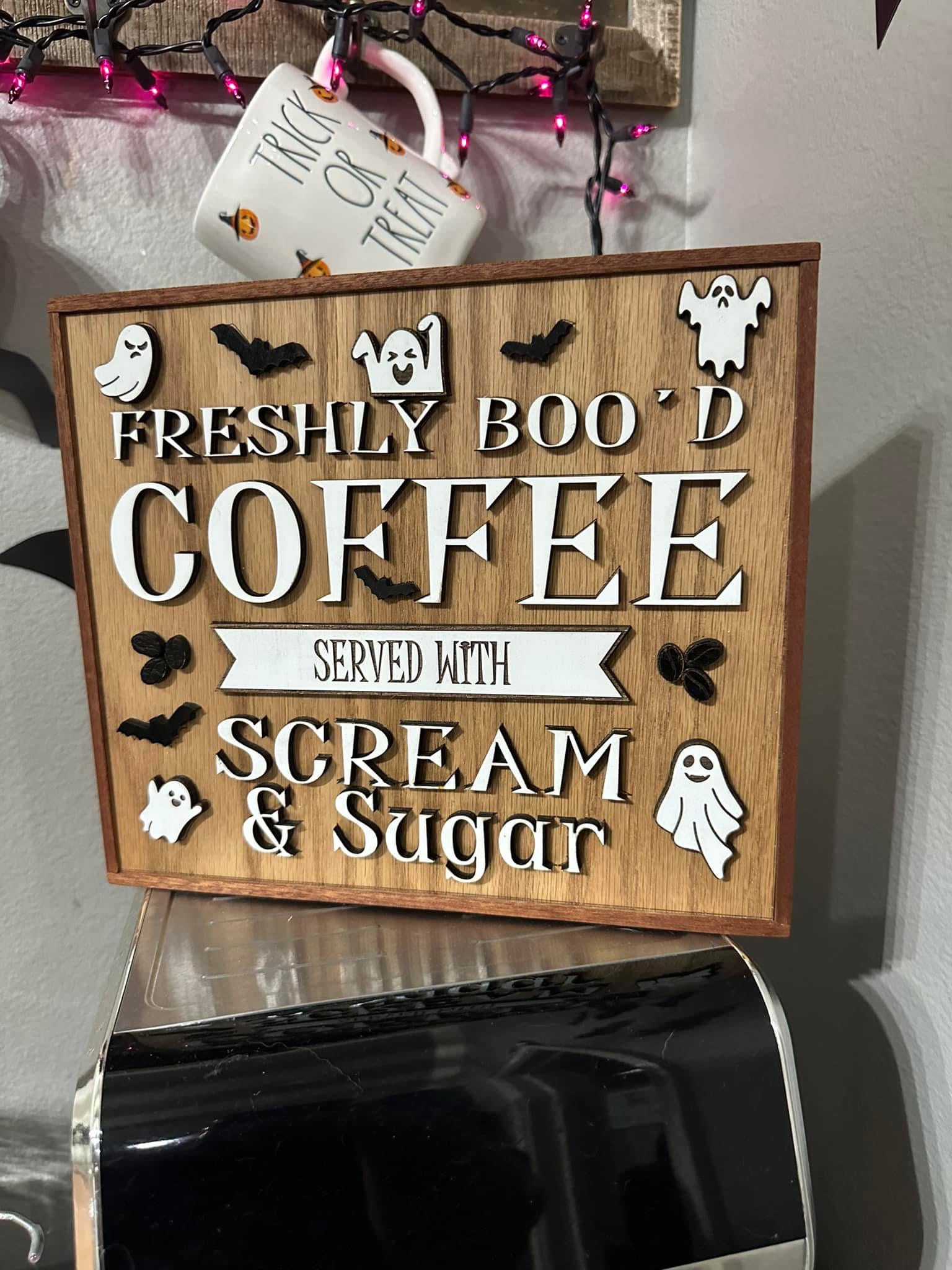 Freshly Boo'd Coffee Sign | Ghost & Bat Design | Handmade Wood Sign (10"x8.5")