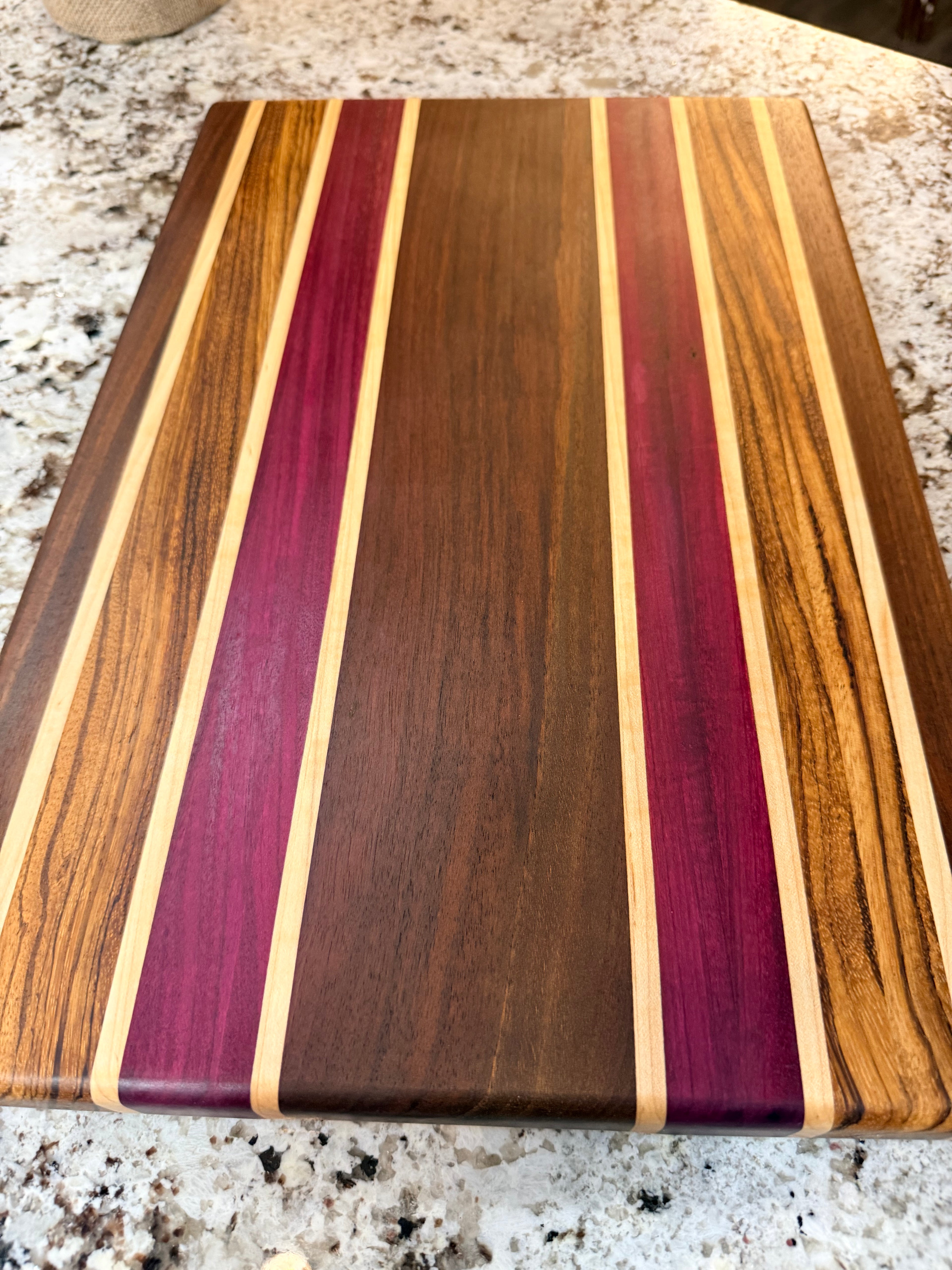 Maple + Walnut + Purpleheart + Zebra Handcrafted Cutting Board