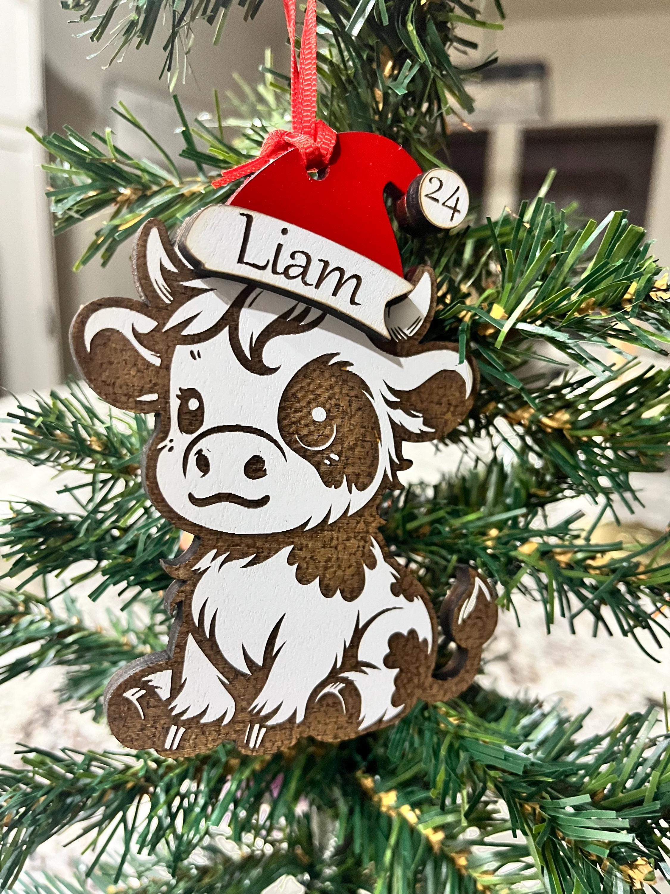 Mooey Christmas Personalized Wooden Cow Ornament with Santa Hat