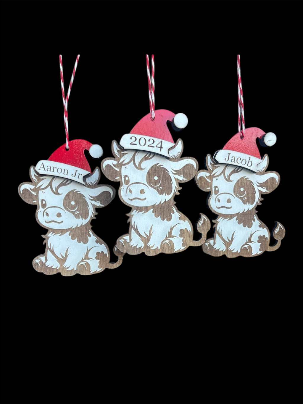 Mooey Christmas Personalized Wooden Cow Ornament with Santa Hat