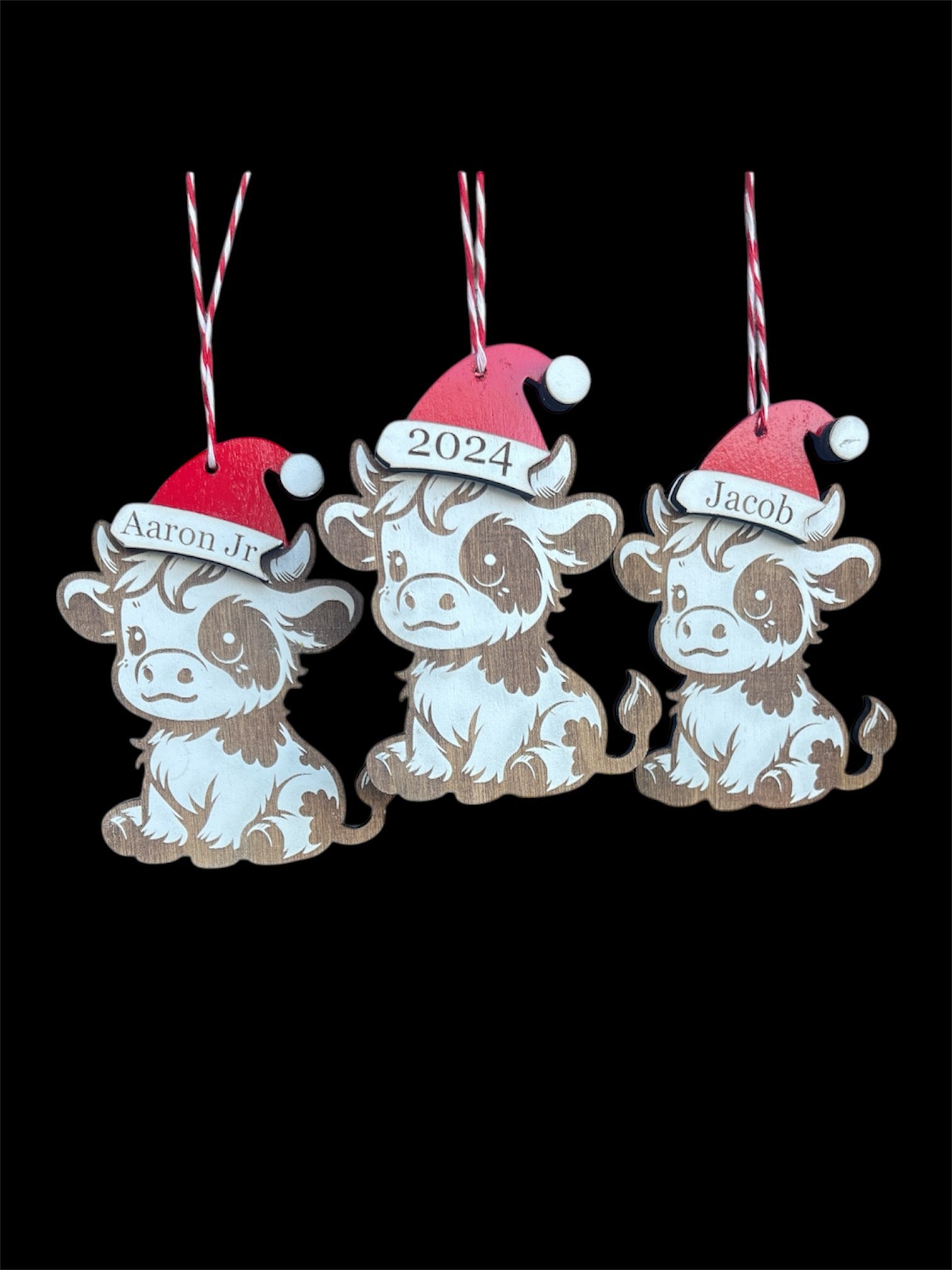 Mooey Christmas Personalized Wooden Cow Ornament with Santa Hat