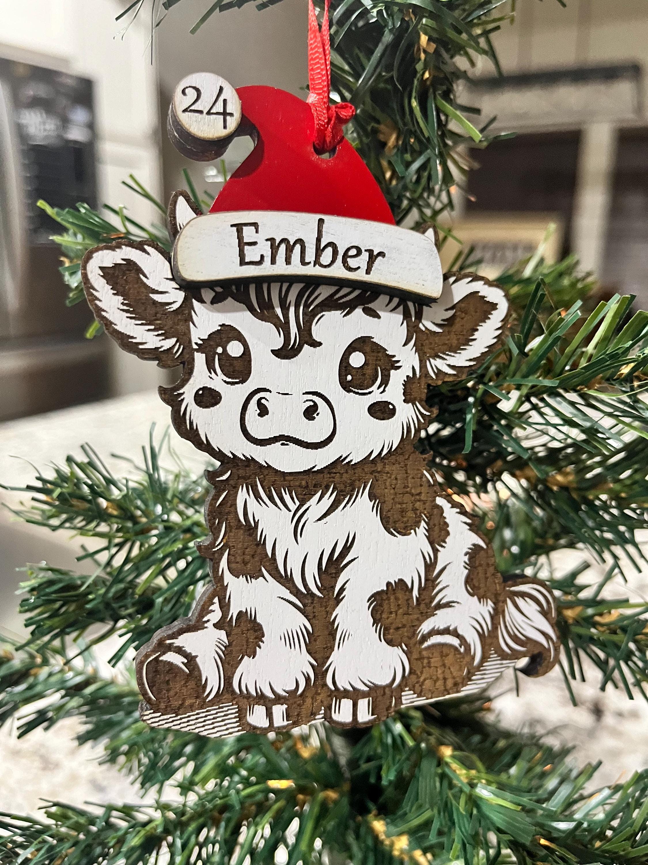 Mooey Christmas Personalized Wooden Cow Ornament with Santa Hat